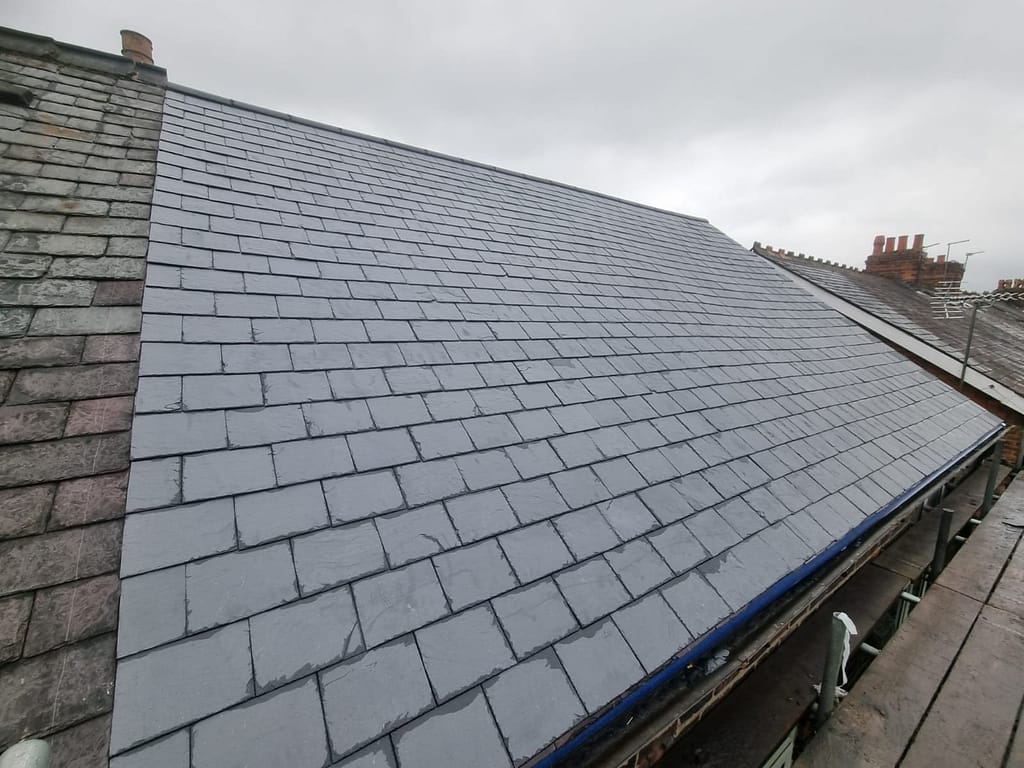 Professional slate reroofing project